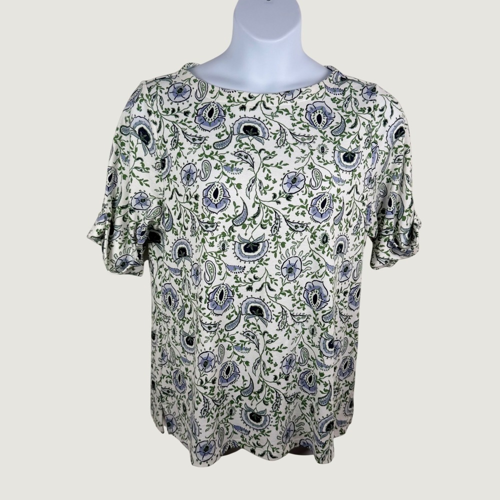Style & Co 2X Top White Green Blue Floral Paisley Knit Cuffed Short Sleeve